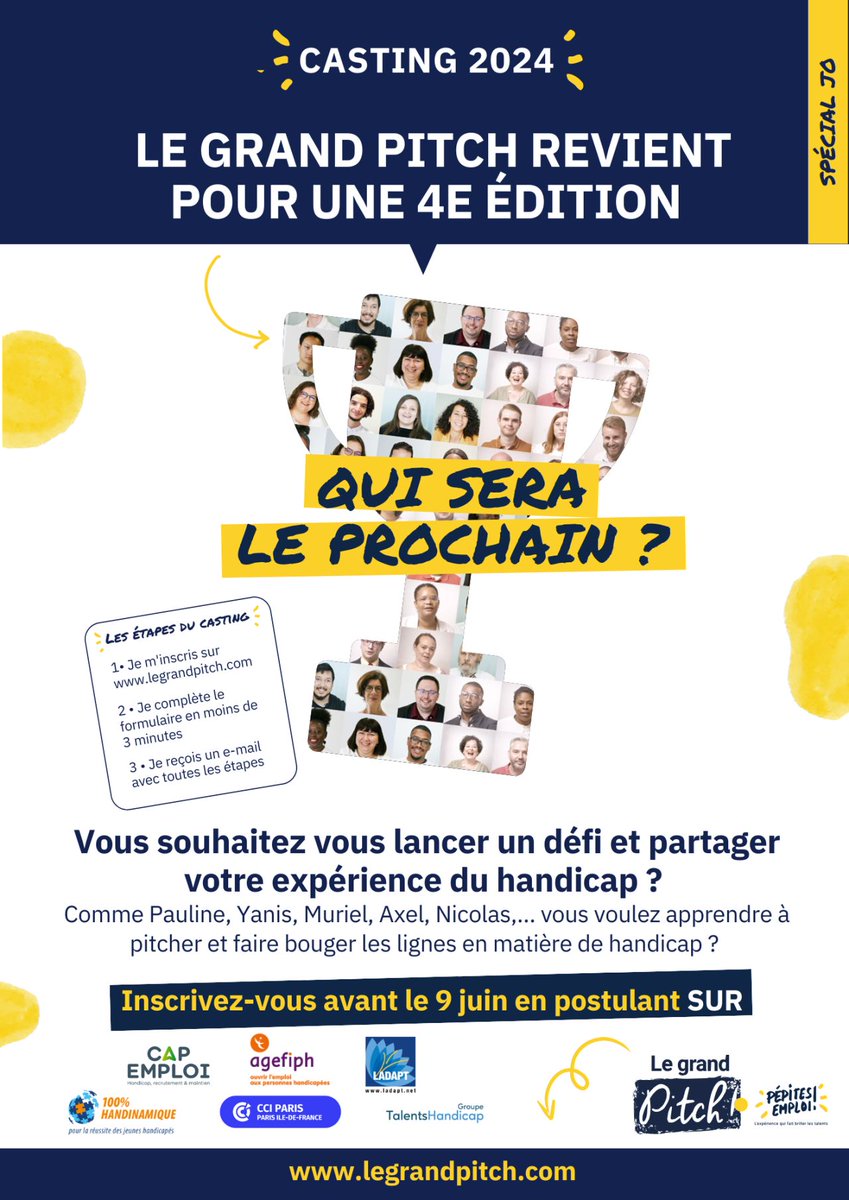Ouverture du casting de la 4e édition du concours d’art oratoire : le Grand Pitch !
Tout savoir sur legrandpitch.com
Au même titre que l'AGEFIPH, Cap Emploi est partenaire de cet évènement.