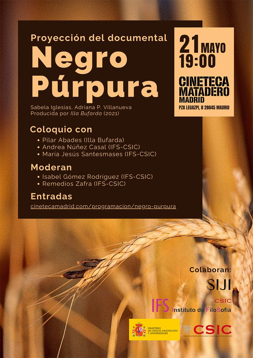 Proyección del documental 'Negro púrpura' 21 de mayo de 2024. 19:00 h 📍Cineteca Matadero de Madrid. Plaza de Legazpi, 8 (Madrid) cchs.csic.es/es/event/proye… a través de @CCHS_CSIC @IFS_CSIC