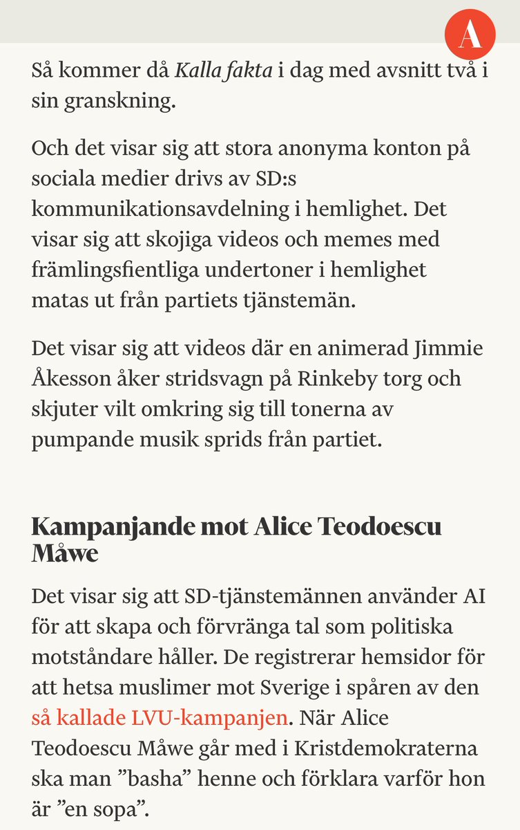 Sett del två i Kalla faktas granskning av SD:s trollfabriker. 

arbetet.se/2024/05/14/hog…