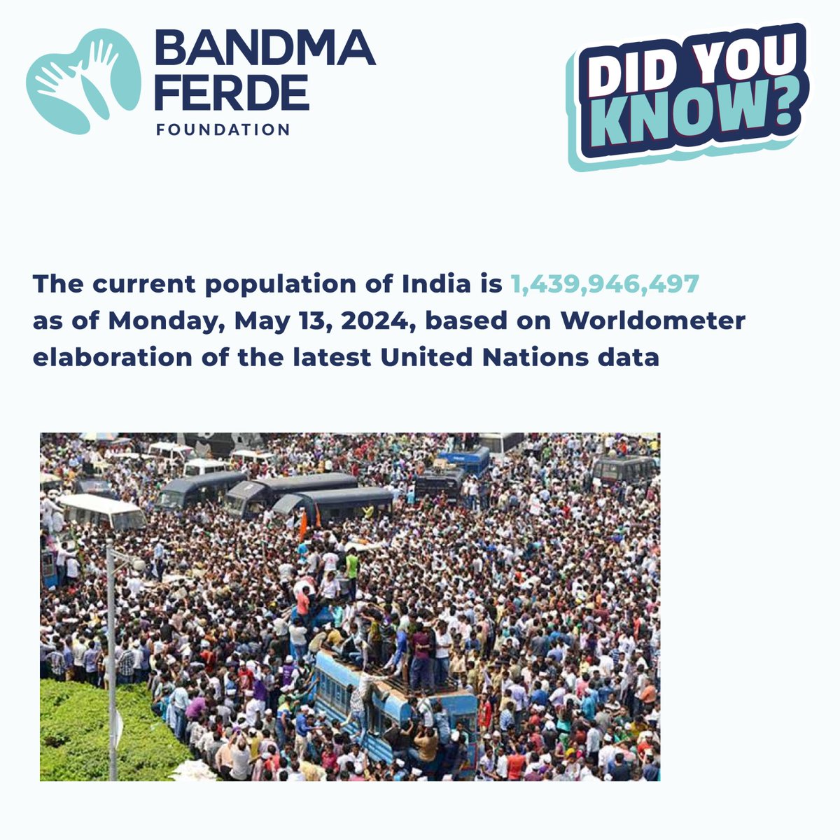 𝐃𝐢𝐝 𝐘𝐨𝐮 𝐊𝐧𝐨𝐰? The current population of India is 1.44 billion as of May 13, 2024, according to Worldometer and UN data. For more information visit the link: linktr.ee/Bandmaferdefou… #Bandmaferdefoundation #Bandmaferde #NGOIndia #nonprofitorganizatonindelhi