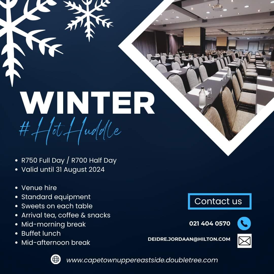 Don't let the cold weather freeze your productivity! Join us at #HotHuddle for a winter conference experience like no other - secure your venue now!

#winter #wintertime #winterconference #conference #events #meeting #hotel #accommodation #capetown #business #businesstravel
