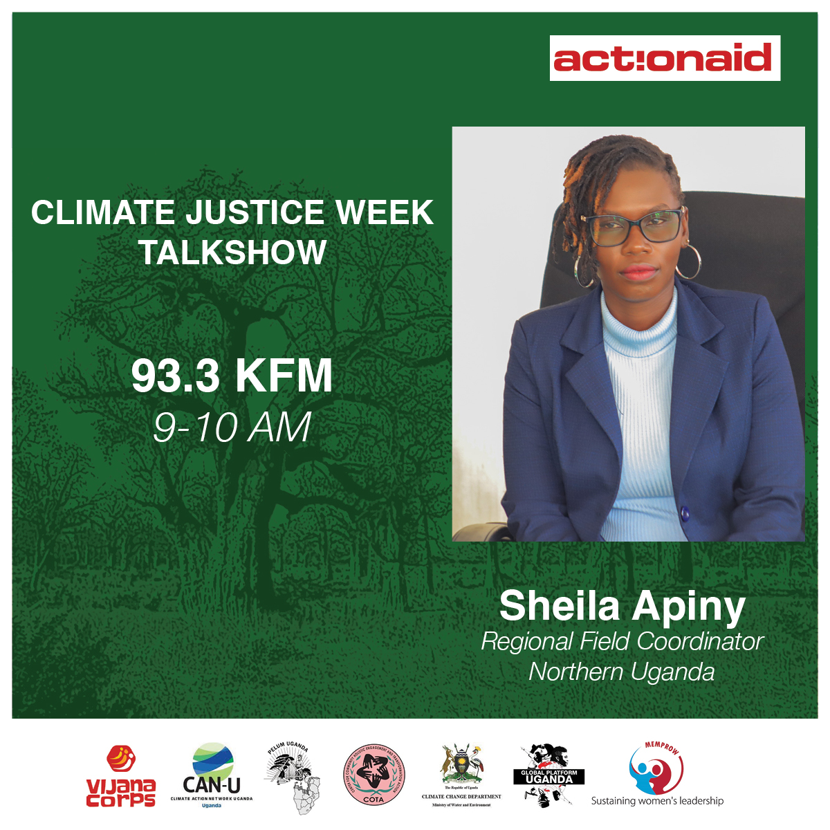 Tune in to 93.3 KFM to listen to Sheila Apiny, from ActionAid International Uganda, unpacking the Climate Justice Week of Action. Time: 9-10AM. #ClimateJusticeWeekUg #FixtheFinance #FundOurFuture