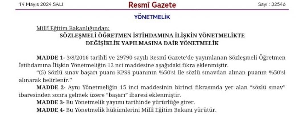 Öğretmen atamalarında mülakat Resmi Gazete'de yayınlandı. 

"Sözlü sınav başarı puanı KPSS puanının %50’si ile sözlü sınavdan alınan puanın %50’si alınarak belirlenir."
Bu İktidarın koca bir ayıbıdır. 85 milyon vatandaşın önünde verilen söz tutulmamıştır. Elbette unutulmayacak,