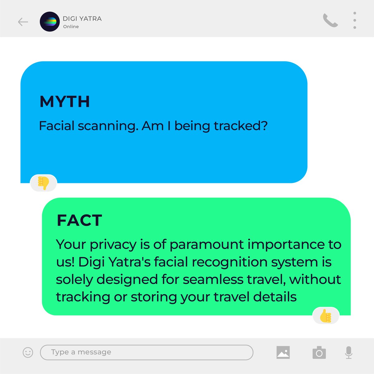 Separating myths from facts! 💡 Facial recognition is only to verify credentials, it does not track user movement. Stay informed, stay secure! Download the Digi Yatra App now! Available on IOS and Android. #DigiYatra #MythsVsFacts #DataSecurity