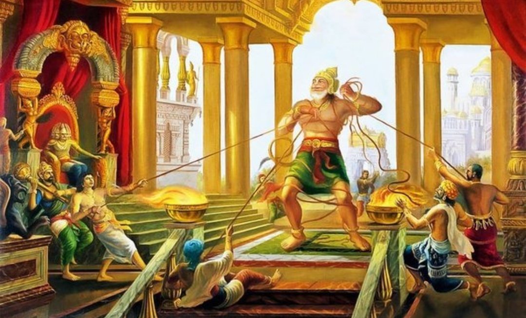 Tulsidas ji describes Hanuman's entry into Ravana's court thus:
'The vaanar observed the glory of Ravana's court. Even the devatas & the regents of the quarters stood meekly with folded palms, anxiously watching his changing expressions. HANUMAN, HOWEVER, STOOD LIKE A COLOSSUS