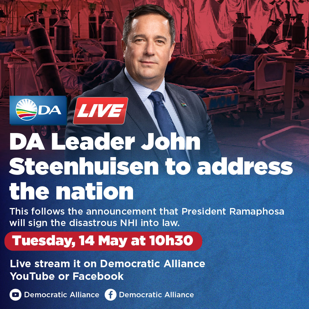 🔔 Tune in at 10h30 as DA Leader John Steenhuisen addresses the nation following the announcement that President Ramaphosa will sign the disastrous NHI into law. Watch it live on the DA's Facebook and YouTube: youtube.com/live/k5_UVsoxG… #RescueSA #VoteDA