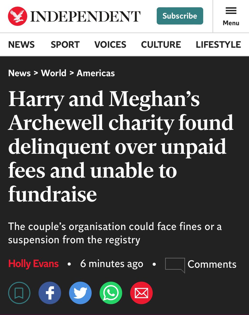Harry & Meghan’s charity Archewell has been ordered to stop raising money & spending money as California Attorney General declares them delinquent. That’s surprising. Thought no one.