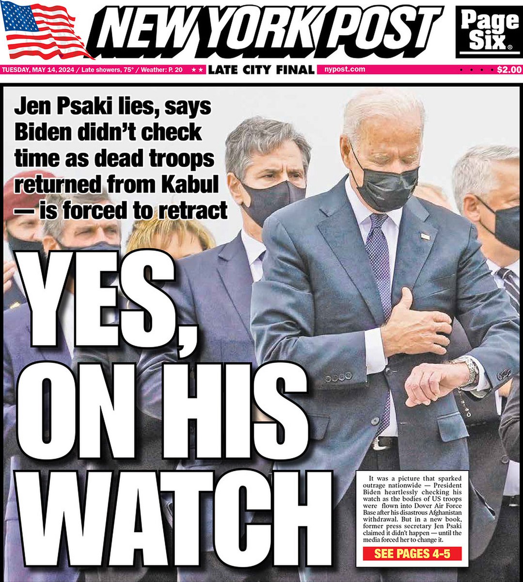 🇺🇸 Yes, On His watch

▫Jen Psaki forced to retract false book claim that Biden did not check his watch during ceremony for US troops slain in Afghanistan
▫@jchristenson_
▫is.gd/ZxHz7u 👈

#frontpagestoday #USA @nypost 🇺🇸