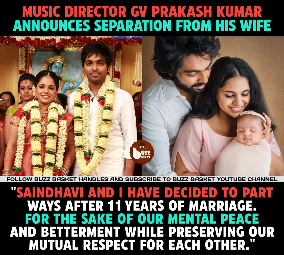 Music Director #GVPrakashKumar announces separation from his wife #Saindhavi.