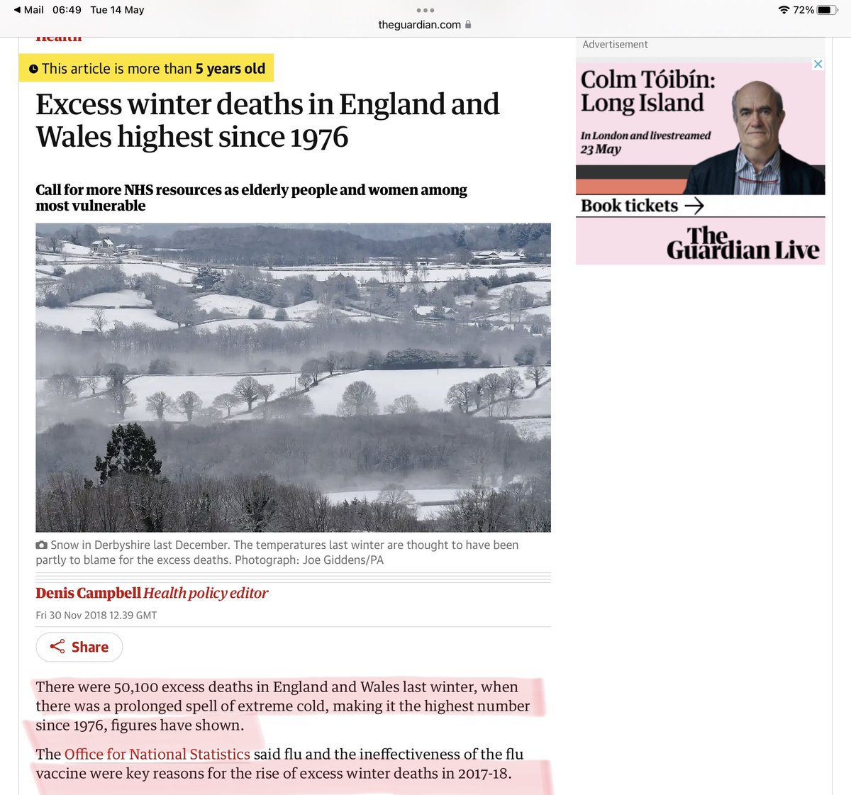 Winter 2017-18: Excess Deaths highest since 1976! 50,000 EXCESS deaths, ONS said the key reasons were the flu and INEFFECTIVENESS of the flu vaccine. No Mask mandates then, were there? 😷😷😷😷😷😷 Anyone know why not? theguardian.com/society/2018/n…