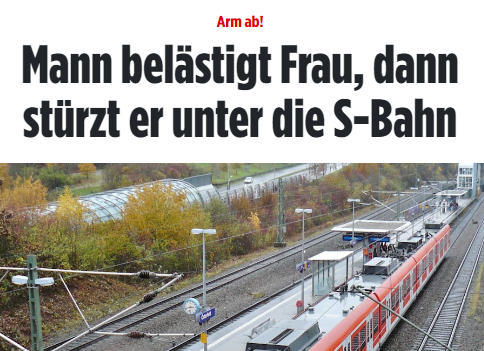 Arm ab! Tunesier begrapscht junge Frau und wird von Bahn überrollt. Der 22-Jährige versuchte in einer S-Bahn die 25-Jährige mehrmals zu küssen und zu begrapschen. Fahrgäste eilten zu Hilfe, verließen mit dem Täter den Zug. Der Grapscher stürzte. #Stuttgart bild.de/regional/stutt…