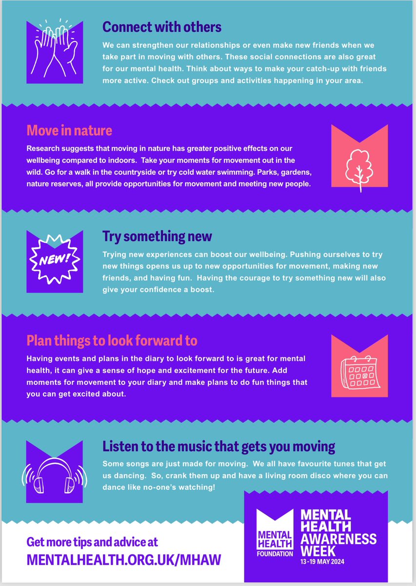 This is Mental Health Awareness Week. The theme for 2024 is ‘Moving more for our Mental Health’. To raise awareness of this, PE lessons this week will start with a brief discussion of the top tips document that is attached here.💕💜