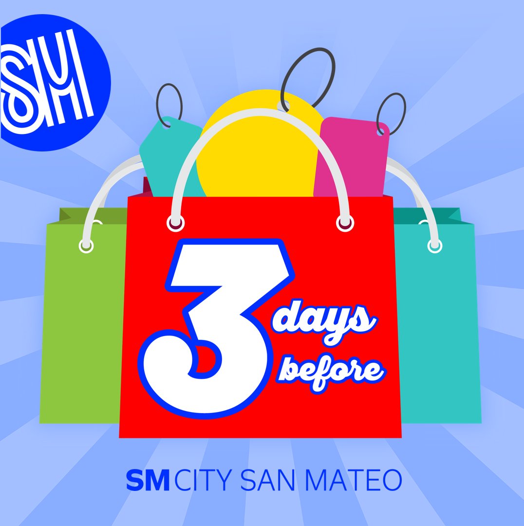 Three days to go before the BIGGEST MALLWIDE SALE this SUMMER! 🌞🙌🛍

Get ready to shop for the hottest gift items and season must-haves! Take advantage of up to 70% discount on great finds! ;-)

#GetHypedAtSM
#SMSanMateo3DaySale
#EverythingsHereAtSM