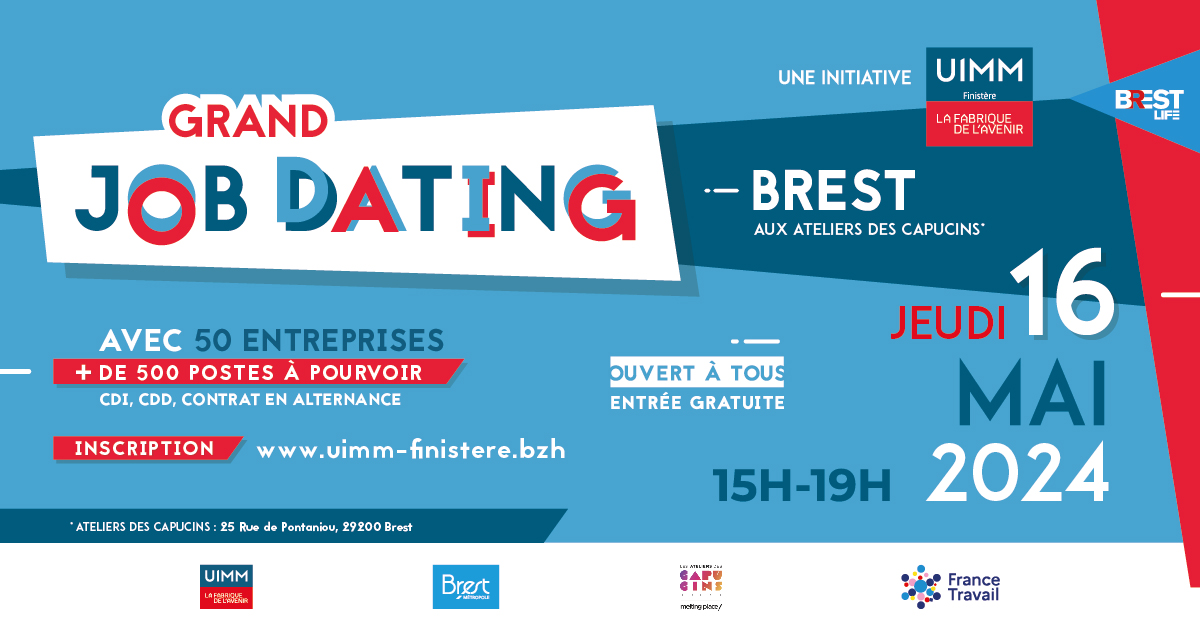 Le #jobdating de l'@UIMMFinistere  à #Brest, c'est ce jeudi 16 mai 🗓 !
45 #industrielsengagés seront présents pour vous présenter leur entreprise et leurs offres d'emploi et d'#alternance 🤝 
➕ d'infos et inscription 👉 uimm-finistere.bzh/job-dating-bre…