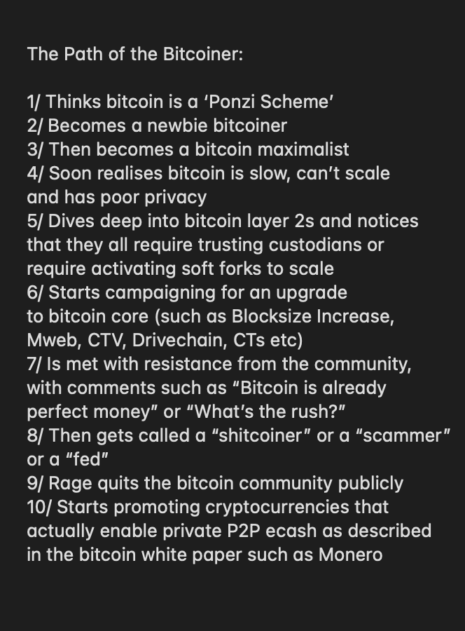 Sovereign_Matt's tweet image. Gm ☕️

Which stage are we at?

#Bitcoin #BIPs #L2s #Privacy #Monero