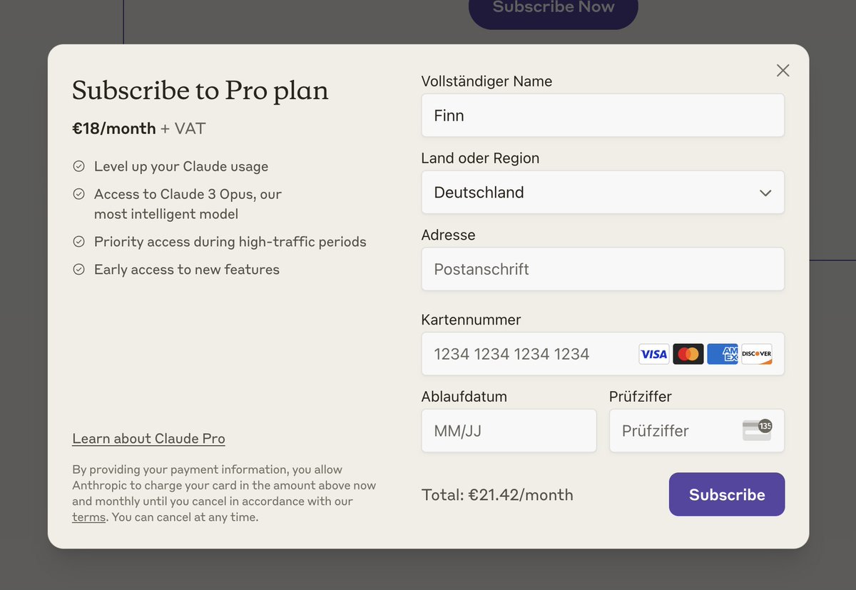 blogmojo's tweet image. Heute Morgen hat @AnthropicAI angekündigt, dass Claude ab sofort auch in Europa verfügbar ist. 🤩

Ich habe das gerade ausprobiert und die Anmeldung hier in Deutschland funktioniert in der Tat jetzt auch ohne VPN.

Die Pro-Version lässt sich ebenfalls buchen, wenn man aus…