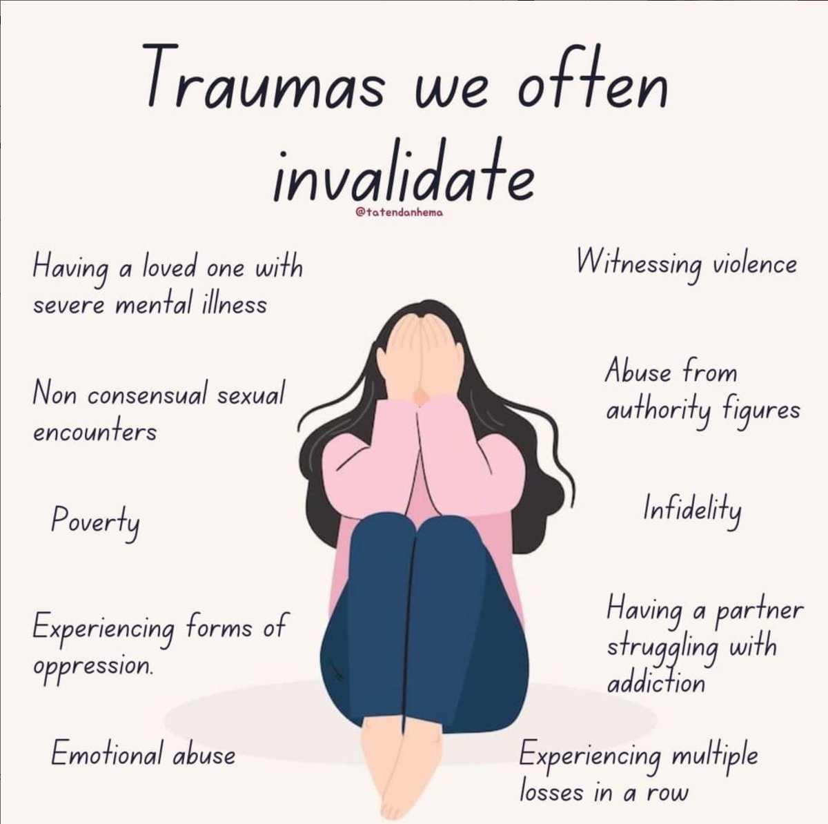 🌟 Have You Noticed Your Trauma Being Invalidated? 🌟

It's easy to dismiss or overlook certain traumas, but that doesn't mean they aren't real or impactful. Our latest infographic lists traumas we often invalidate. 📋✨

 #cptsd #ptsd #trauma #mentalhealth #anxiety #healing