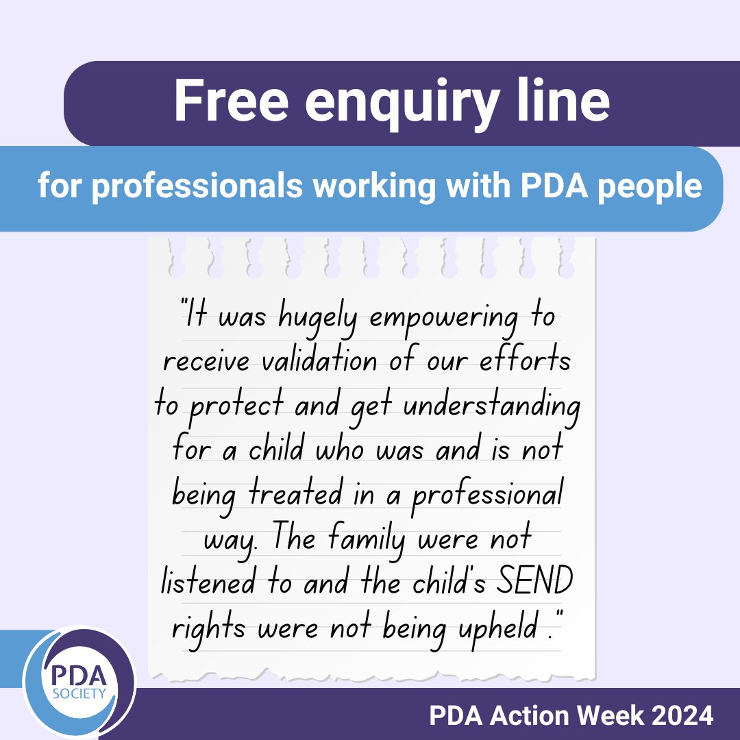 Our free enquiry line is open to professionals working with autistic adults and children who have a PDA profile (pathological demand avoidance). If you're supporting a PDA person, we encourage you to get in touch for free information and resources: ow.ly/iz5S50RC1iP