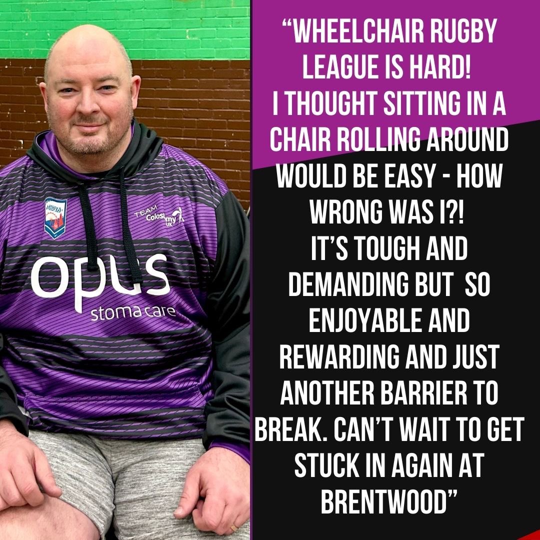 What does @JohnFlood81 think about #WheelchairRugbyLeague? Join John and the rest of 'Purps on Wheels' this Sunday as we take #TacklingTheStomaStigma to a new level in our debut Wheelchair game 🆚 Brentwood Eels. Check out our website for match day colostomyuk.org/active-ostomat…