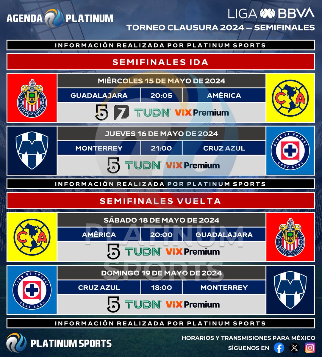 ⚽️ #AgendaPLATINUM 
🇲🇽 #LigaBBVAMX Clausura 2024 - Semifinales 

⏰📺 Horarios y transmisiones para México.
⚠️ Sujeto a cambios. 

#Clausura2024 - #Semifinales