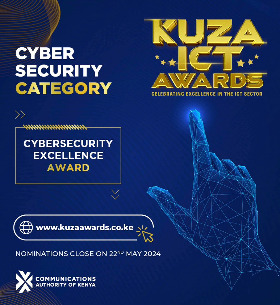 CA_Kenya's tweet image. Cybersecurity Excellence Award! This award honors institutions in the public and private sectors that have shown excellence in securing critical information infrastructure. Nominations are open &amp;gt;&amp;gt;kuzaawards.co.ke/index.php/nomi…
#KuzaICTAwards2024