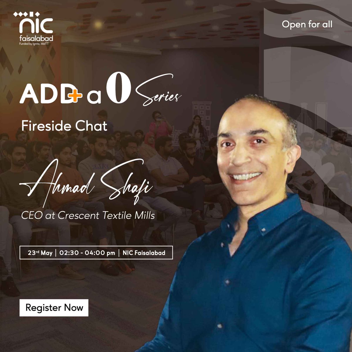 Join our fireside chat with Ahmad Shafi, CEO of Crescent Textile Mills! Learn about innovative strategies for Pakistan's textile &amp; export sectors. May 23rd, 2:30 pm at NIC Faisalabad. Register now!

forms.gle/wmKZKYiHGT3xow…

#PakistanTextileSector
#TextileIndustry
#ExportSectors