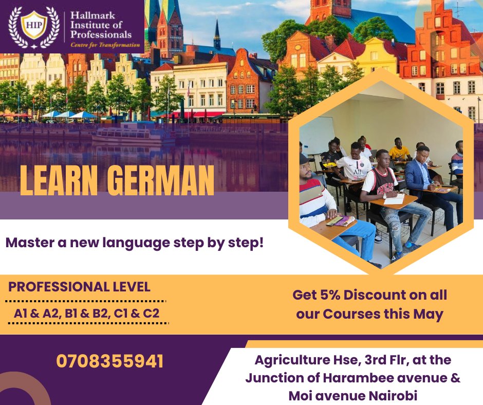 From Beginner to Bilingual: Your German Language Odyssey!
Visit us at Agriculture House, 3rd floor at the junction of Harambee Avenue &amp; Moi Avenue Nairobi. 
#germancourse
#professionaldevelopment