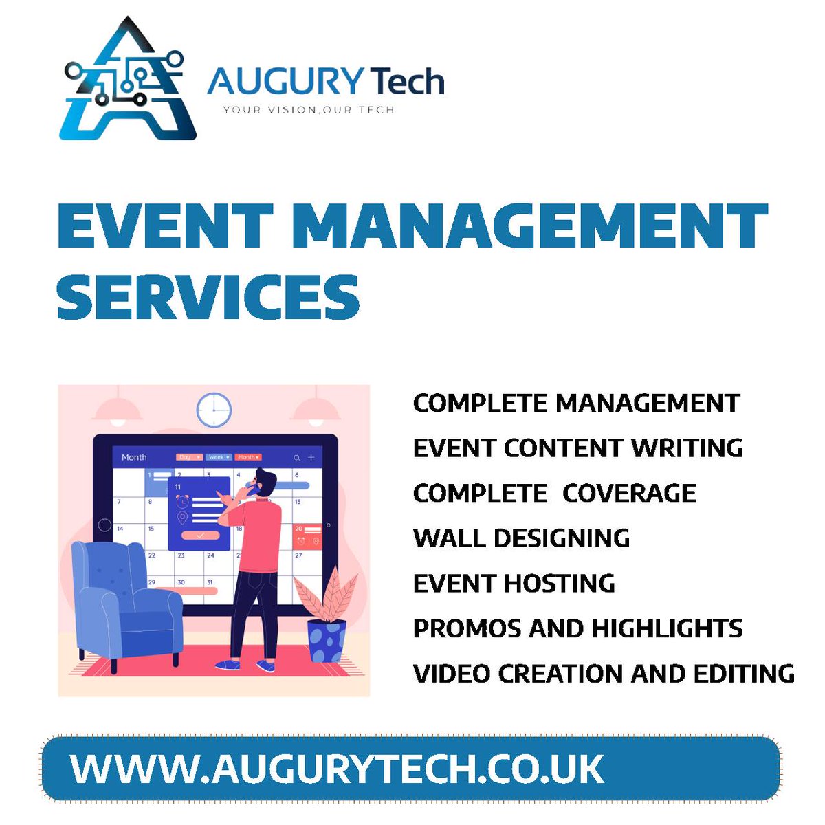 AuguryTechCO's tweet image. Event Management Services by Augury Tech

👉 Complete Management
👉 Event Content Writing
👉 Complete Coverage
👉 Wall Designing
👉 Event Hosting
👉 Promos and Highlights
👉 Video Creation and Editing    

#EventManagement #Augury  #AuguryTech