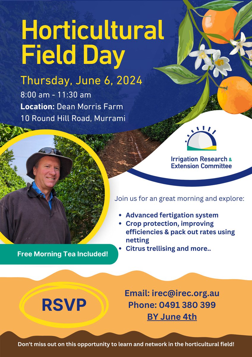 🍊Citrus growers and advisors! Join us for IREC Horticultural Farm Walk Thu 6 June 6, 8am - 11:30am Dean Morris Farm, Murrami. Free Morning Tea! Explore: Advanced fertigation, citrus trellising & more! RSVP 📧 irec@irec.org.au📞0491 380 399 @CitrusAustralia