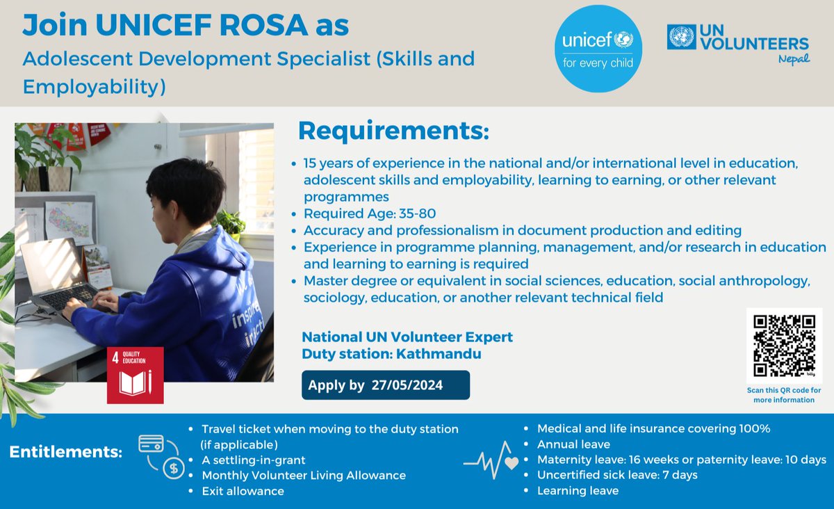 Volunteering Opportunities! @UNICEFROSA is looking an Adolescent Development Specialist (Skills and Employability), national UN Volunteer Expert. If you have Master's degree & 15 years of experience in related field apply no later than 27th May 2024. 🔗bit.ly/3QFFQvy