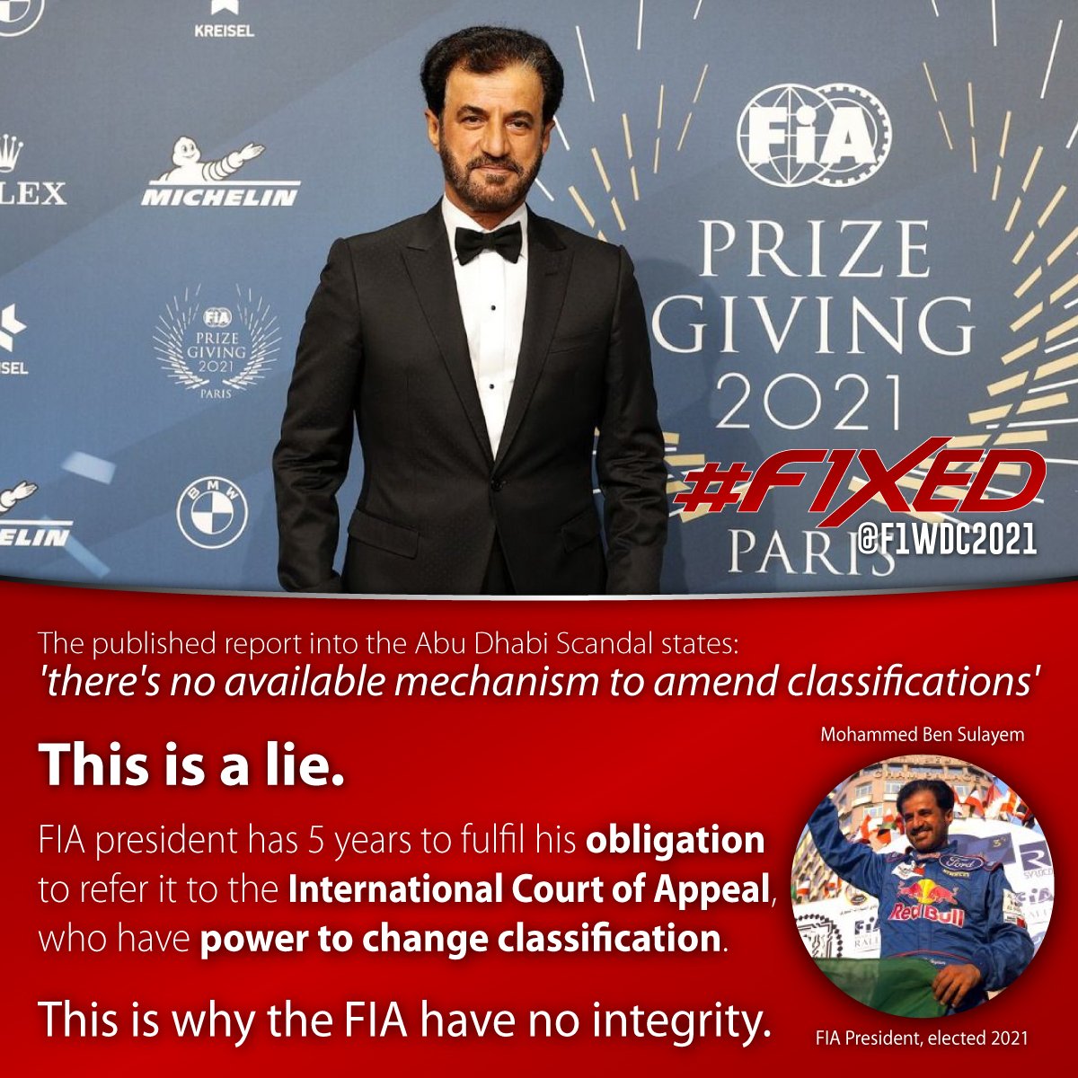 #AD2021 - The simple truth

@ben_sulayem decided to allow unresolved possible interpretation of 'overriding authority' to stand as justification of @Max33Verstappen as a fake #F1 champion, rather than use his power under J&D 9.1.1.d to refer AD21 to ICA for an authoritive ruling…