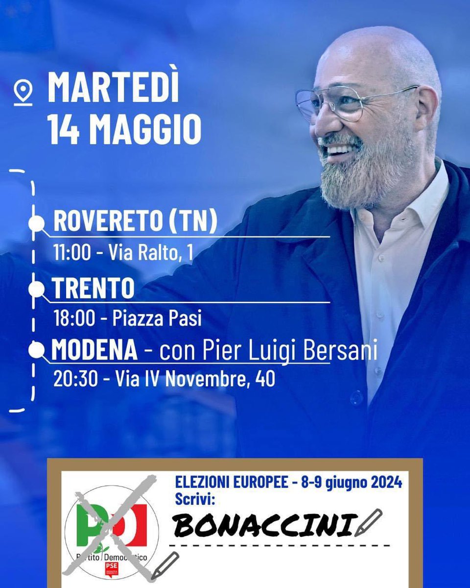 📆 Oggi martedì 14 maggio sarò in Trentino. Alle 11 a Rovereto, alle 18 a Trento e alle 20:30 terminerò a Modena, con @pbersani a sostegno di @MezzettiMax A più tardi!