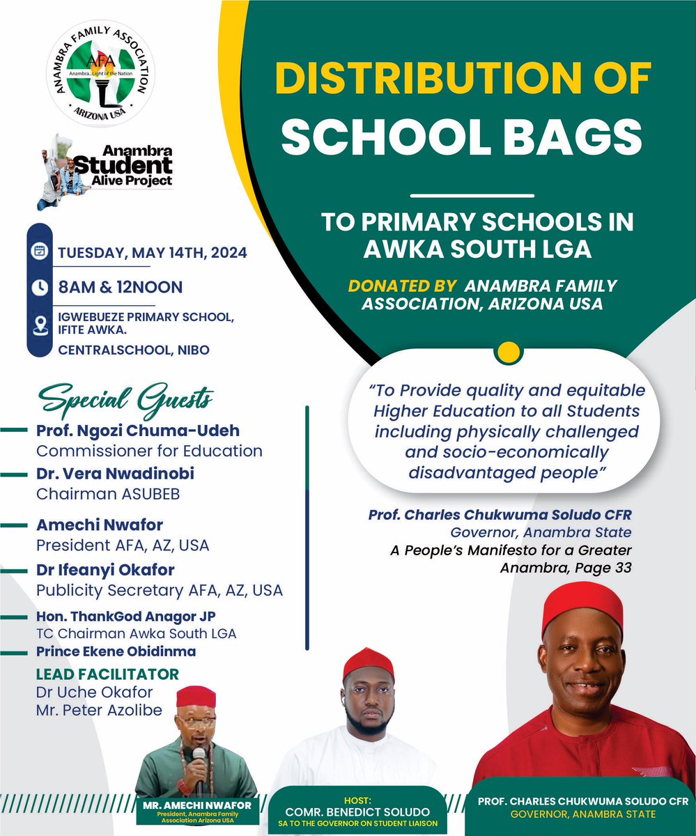 Today we move to Awka South LGA to support young learners by distributing school bags to primary school students. Special thanks to the Anambra Family Association Arizona USA for the Donation of School Bags. These school bags are more than just accessories; they're tools for…