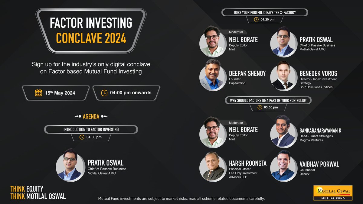 Presenting the Motilal Oswal Factor Investing Conclave 2024

The only webinar on factor based mutual fund investing.

Watch industry experts share their valuable insights on the world of factor investing.

Register today: zoom.us/webinar/regist… 

#factorconclave