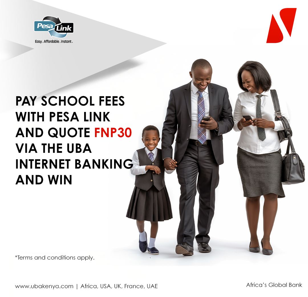 Attention all parents! Make your school fee payments hassle-free from 3 PM to 5 PM with Pesalink through UBA Kenya Internet Banking. Enter code FNP30 for a chance to win fantastic prizes! The 30th transaction using code FNP30 will be our daily winner. Don't miss out on this