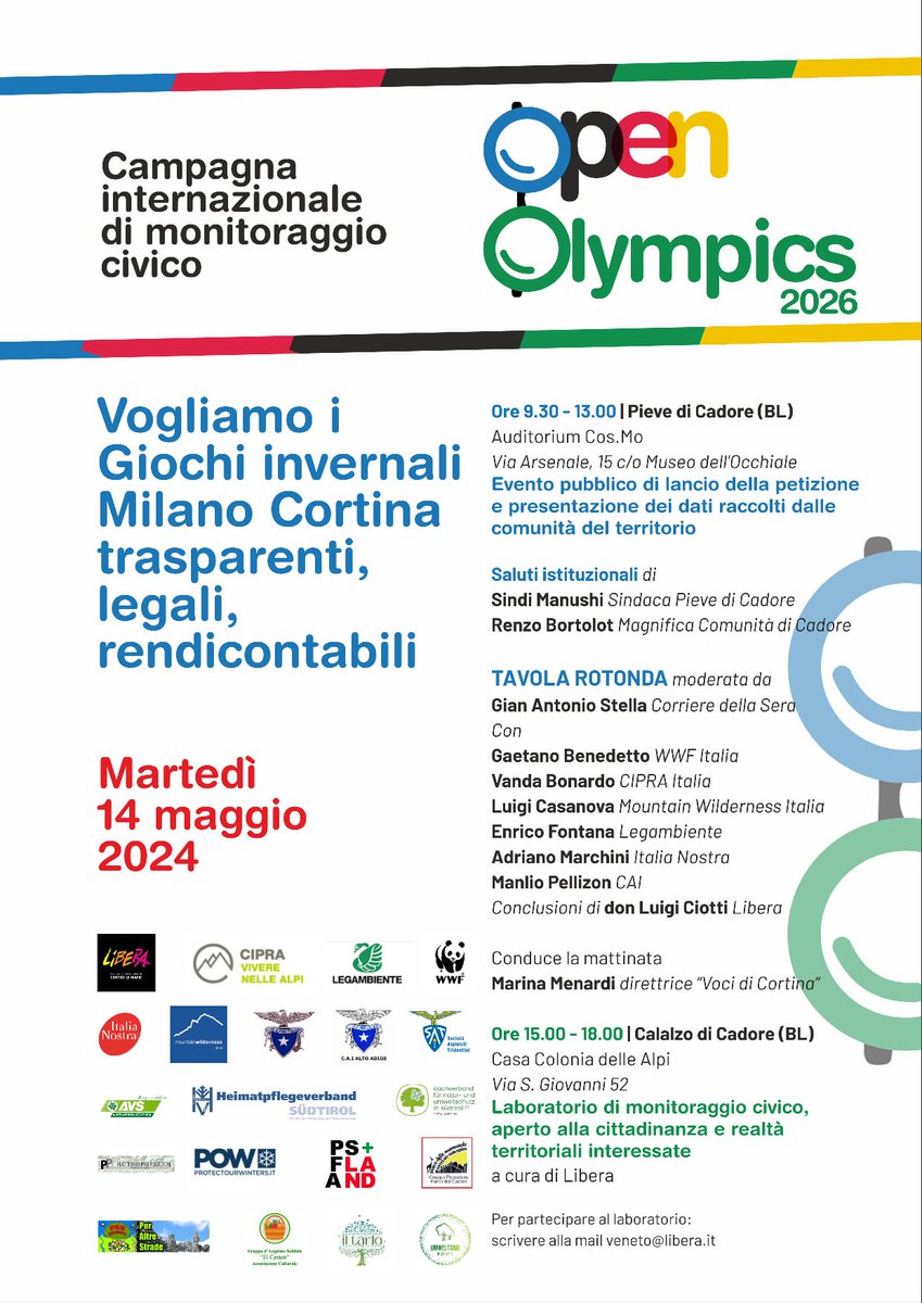 “Vogliamo i Giochi olimpici invernali #MilanoCortina 2026 trasparenti, legali, rendicontabili”: parte il 14 maggio da Pieve di Cadore (BL) la campagna internazionale di monitoraggio civico #OpenOlympics 2026 #olimpiadi #sport #diritti #ambiente #libera liberainformazione.org/2024/05/10/ope…