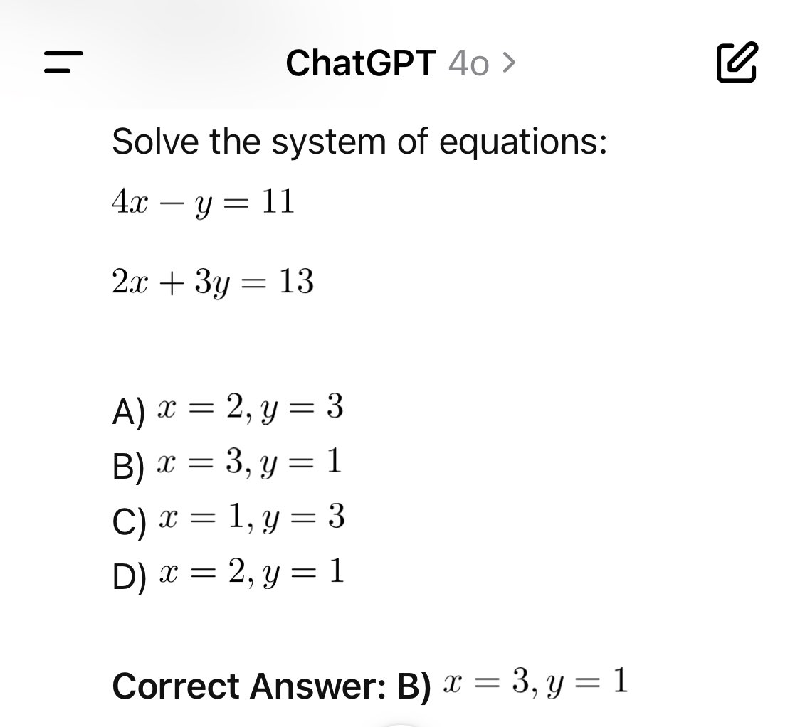 The improved latency of @OpenAI GPT4o is brilliant but there’s still lots of limitations in Maths, even if @JustinOnWeb on @BBCr4today said “it can solve an equation” this morning. @OakNational’s @edsouthall has a test set of maths Qs, which it continues to fail. An example: