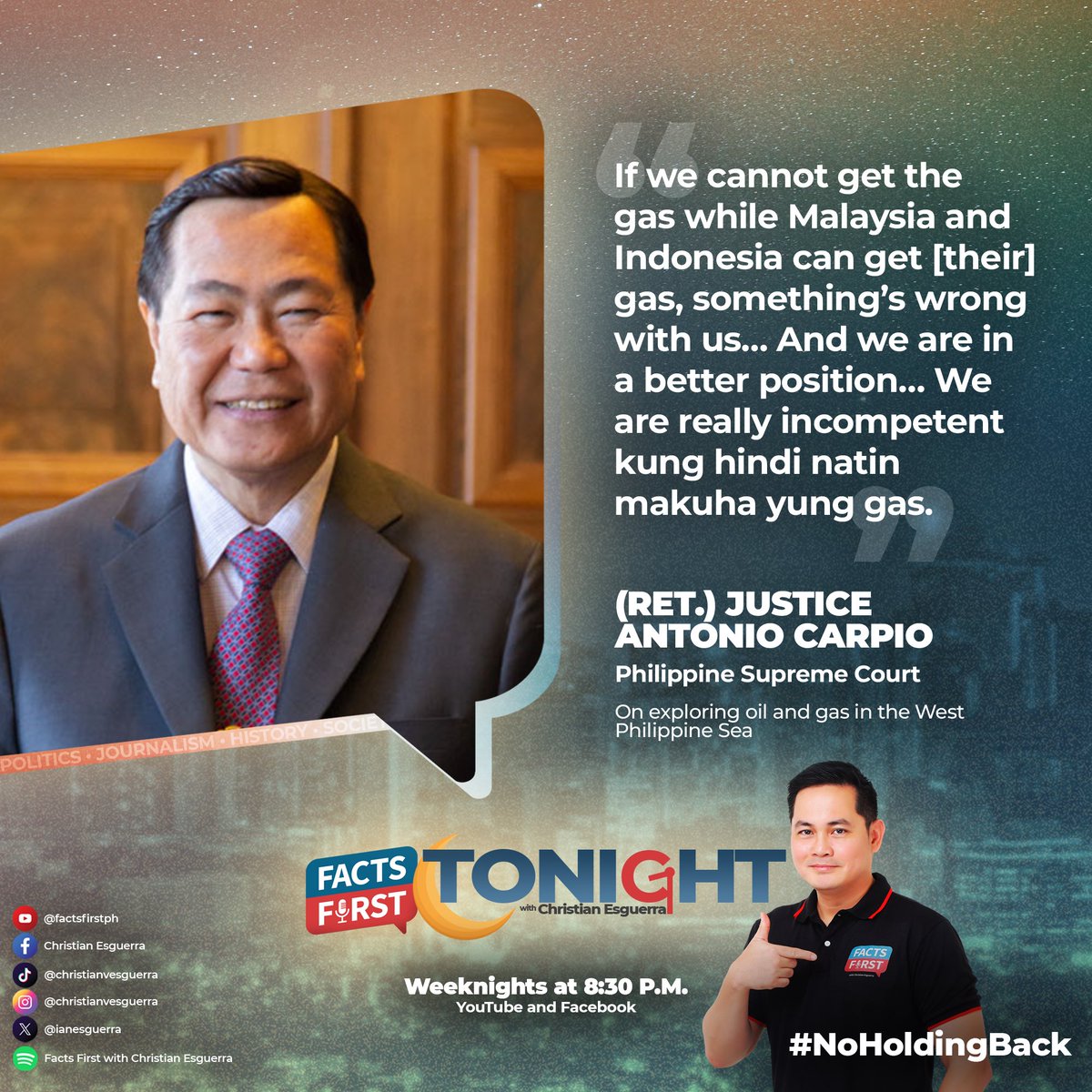 Former Supreme Court Senior Associate Justice Tony Carpio says “we are really incompetent” if the Philippines cannot explore oil and gas in our own exclusive economic zone. 

Watch our #FactsFirst interview here:
youtube.com/live/37a7t1eJ1…