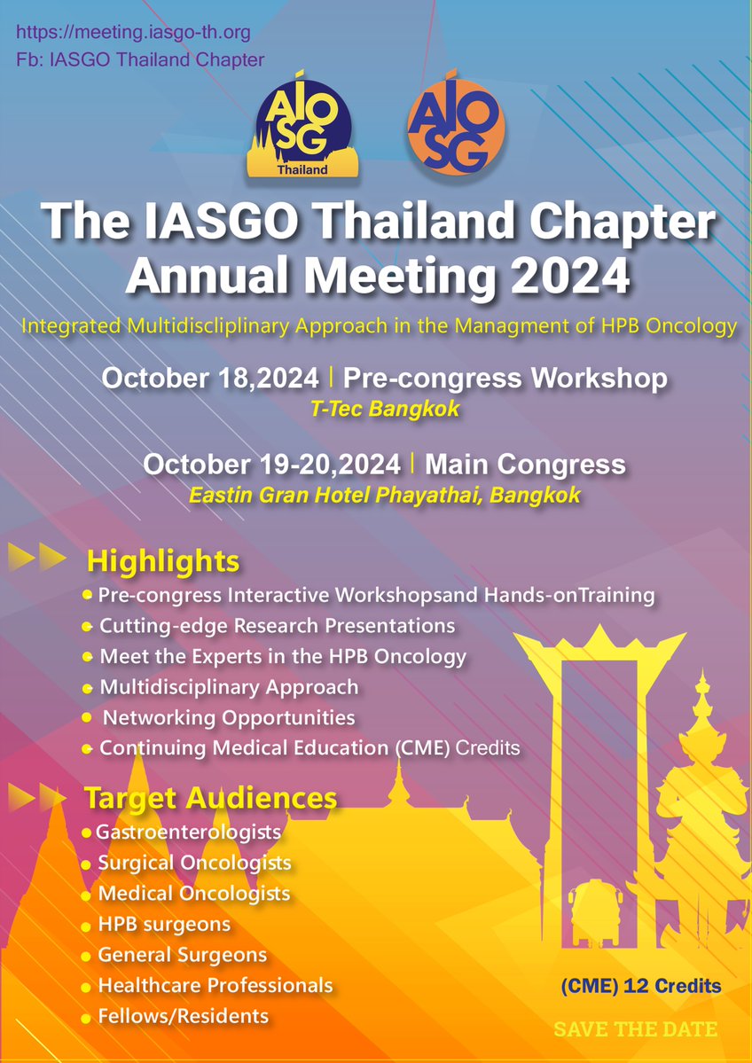 IASGO_Thailand's tweet photo. 🎊 Early Bird Registration is now open for the IASGO Thailand Chapter Annual Meeting 2024.
📢 Don’t wait—grab your spot and join the global surgical, gastroenterological, and oncological community
🎯Register today https://t.co/GqANJvDIas
#IASGO #IASGO_Thailand_Chapter 
@RChanwat https://t.co/6omeTxHtGU