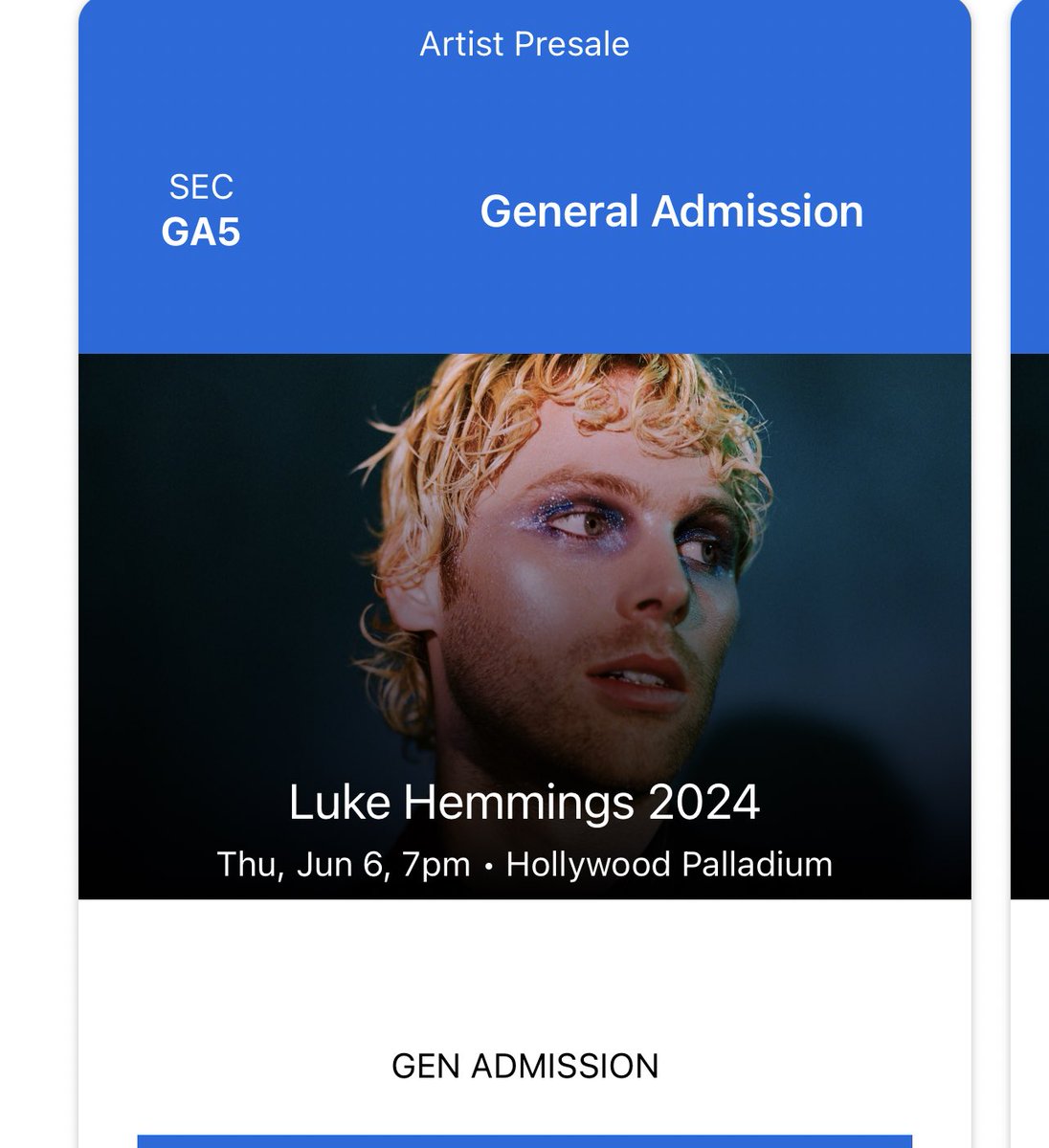 Won’t be able to make it😔 so selling 2 tickets to Luke’s show in LA #nostalgiaforatimethatneverexisted #LukeHemmings #hollywoodpalladium #ticketsforsale