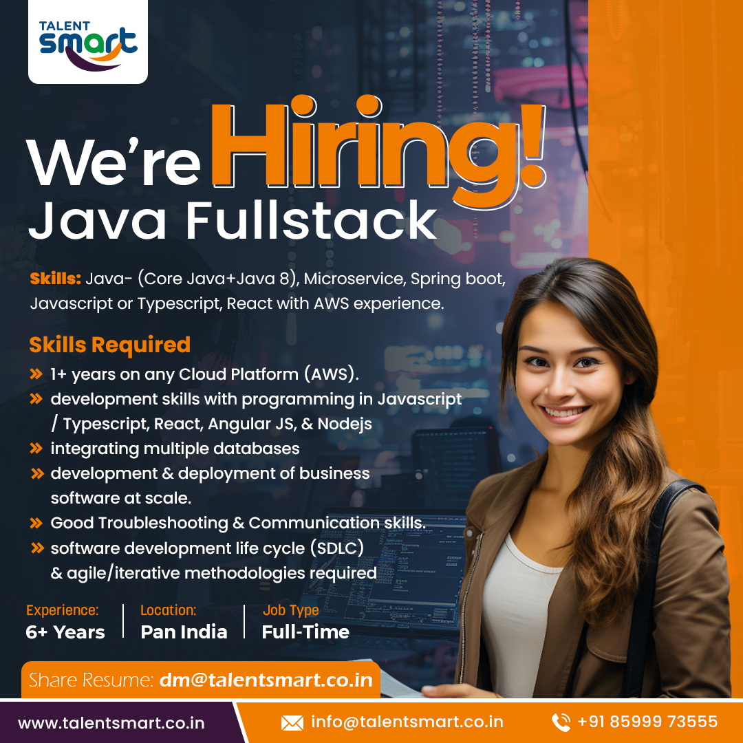 Position: Java Fullstack Developer
Exp: 6+ Years
Job Type: Full time & Location: Pan India
Email Resume: dm@talentsmart.co.in
.
.
.
#java #javafullstack #javadeveloper #react #aws #javascript #springboot #microservice #javafullstackdeveloper #reactjs #fullstackdeveloper