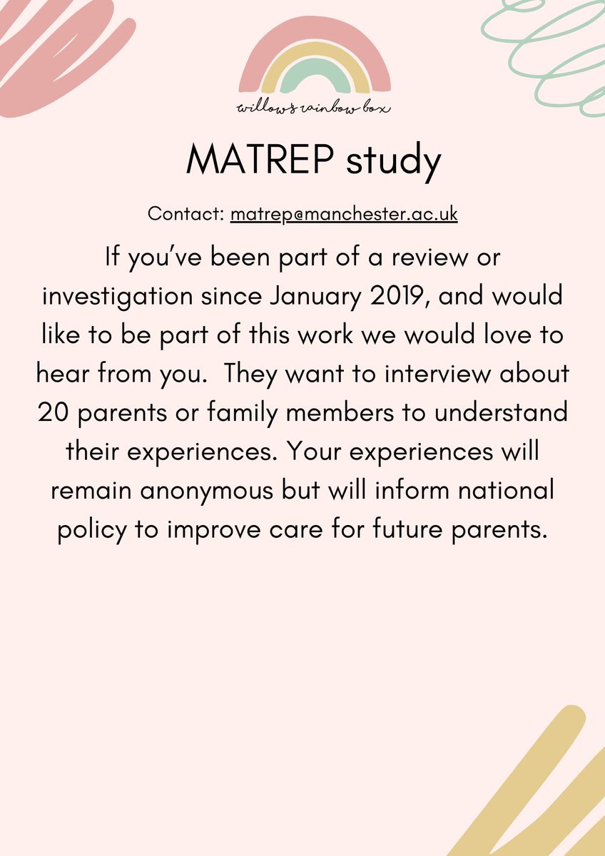 📣MATREP study is looking to interview 20 parents/family members with experience of HSIB/MNSI or PMRT reviews after the death of a baby.📣 Information sheet for families here: drive.google.com/file/d/1TtSEhG… @MCR_SB_Research @SandsUK @tommys @cradle_charity @HimmatCo @fivexmore