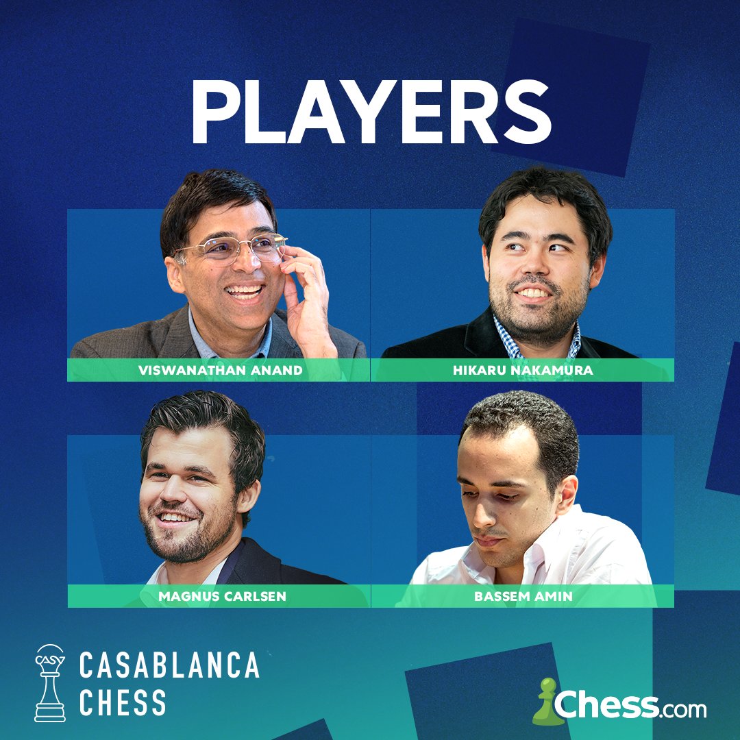 🚨 Viswanathan Anand, Magnus Carlsen, Hikaru Nakamura and Amin Baseem will play a new chess variant called 'Casablanca Chess' on May 18, 19 in Morocco! 📺 We will broadcast the event for YOU on Chess.com India and Chess24 India channels!