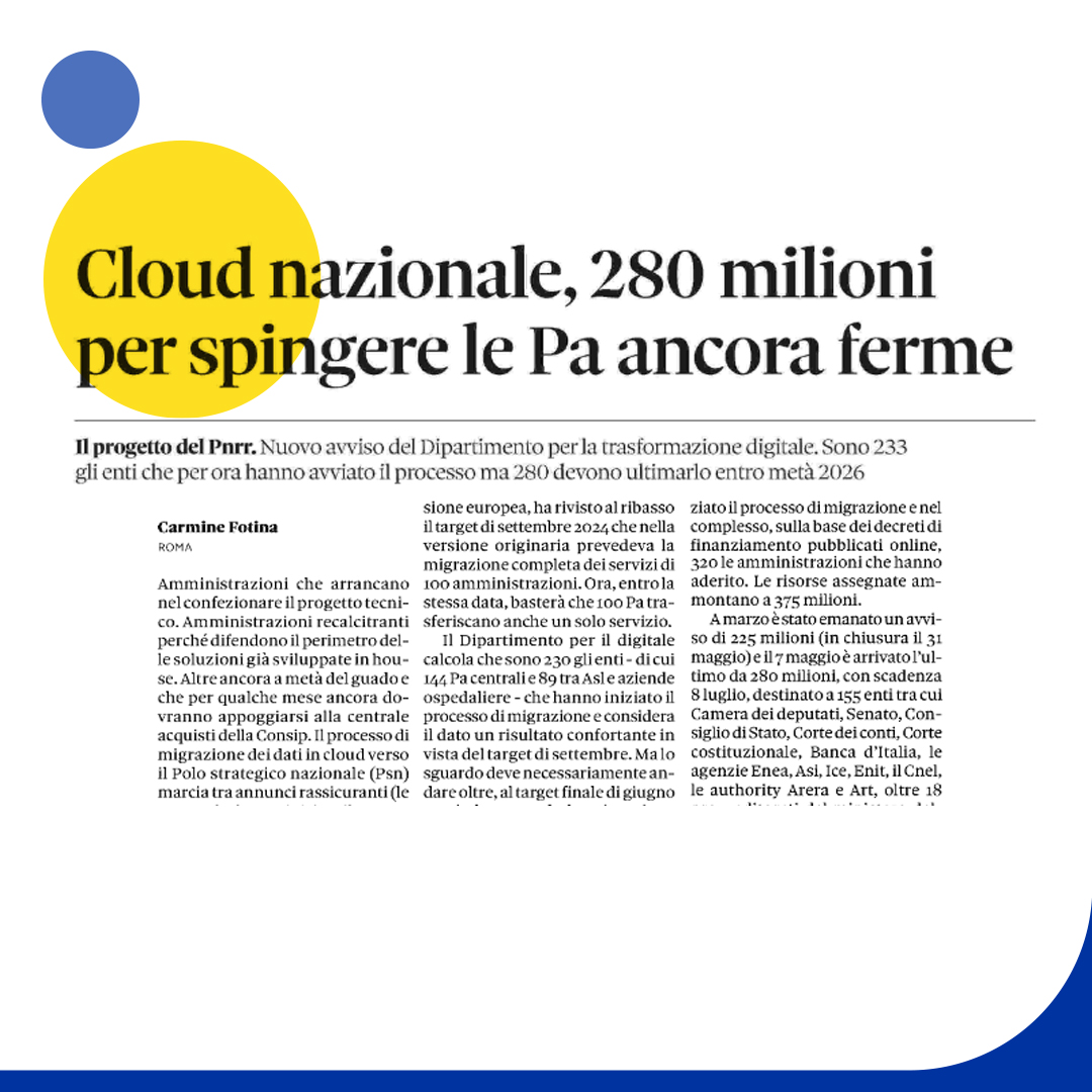 👩‍💻 Il progetto del #PNRR 

📰 '#Cloud nazionale, altri 280milioni per spingere le PA ferme' @CFotina su @sole24ore 

#PAdigitale @Consip_Spa @GruppoCDP @Leonardo_IT @Sogei_SpA @TIM_Official @InnovazioneGov @ENEAOfficial @ENIT_italia @cnel_it @ARERA_it @ASI_spazio