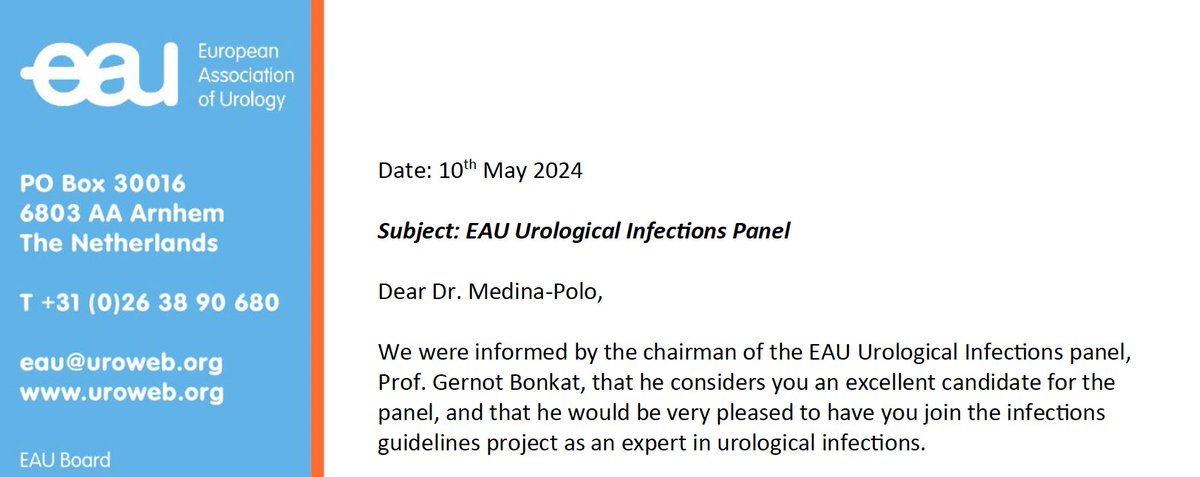 Very proud to be proposed to join the panel of the EAU Guidelines on Infections in Urology @ESIU @Uroweb . Thank you @GBonkat and @MariaJRibal for the invitation and for all of you who have collaborated on this @Urologia12 #somosdel12