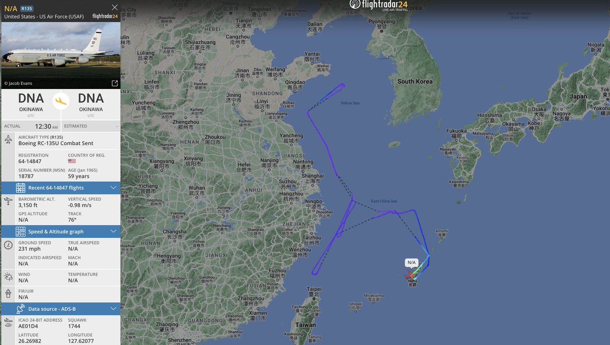 #USAF RC-135U combat sent seen on the flight radar (13.05.24) over the yellow and east china sea, aircraft operating not far from border regions of china, departure and return to okinawa kadena air base. #AE01D4
