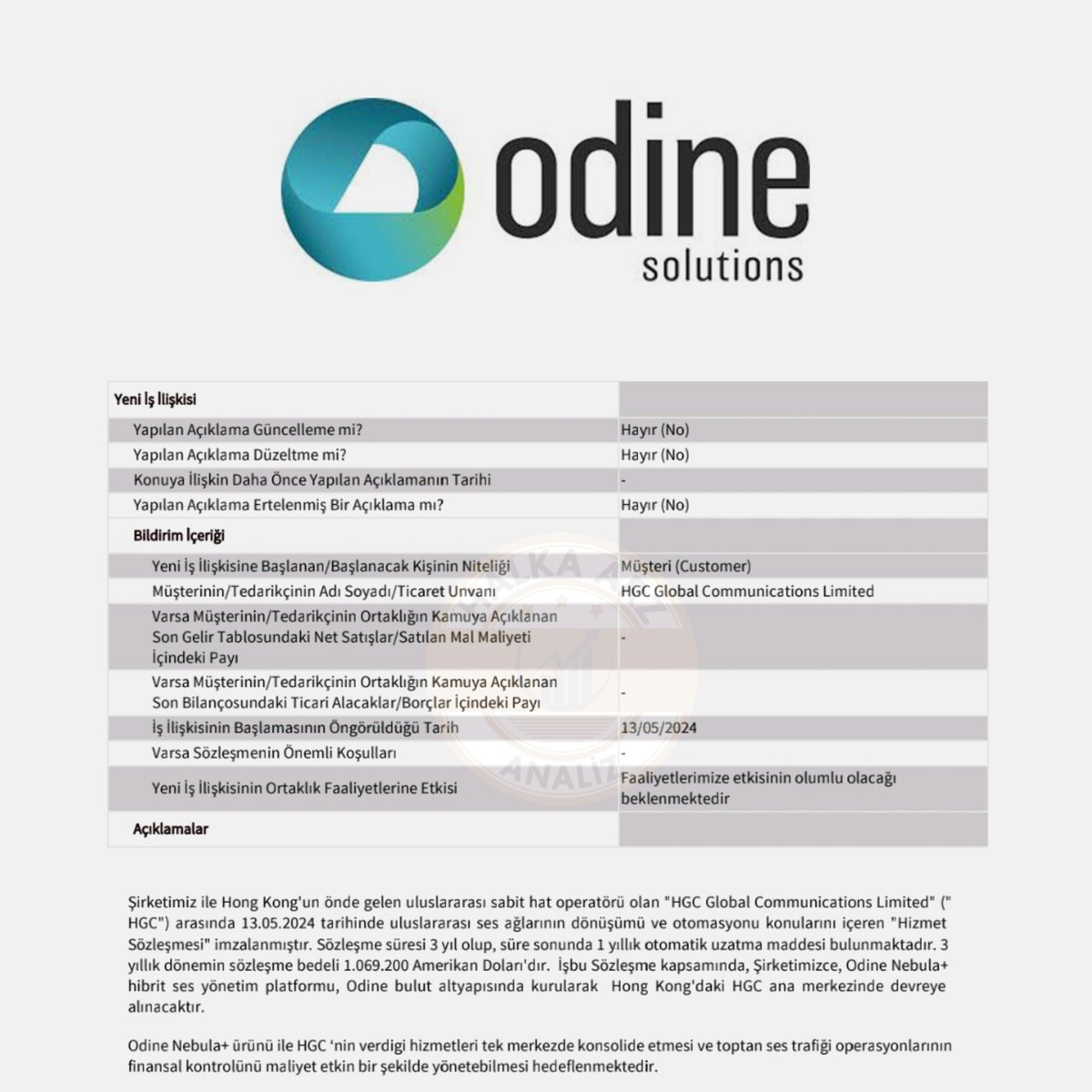 📢 Odine Solutions Teknoloji #ODİNE Hong Kong'un sabit hat operatörü olan HGC Global Communications Limited ile uluslararası ses ağlarının dönüşümü ve otomasyonu konusunda 1.069.200€ tutarında 3 yıllık sözleşme imzaladığını #KAP'a bildirdi. #Halkaarz #Borsa #Hisse #Odine