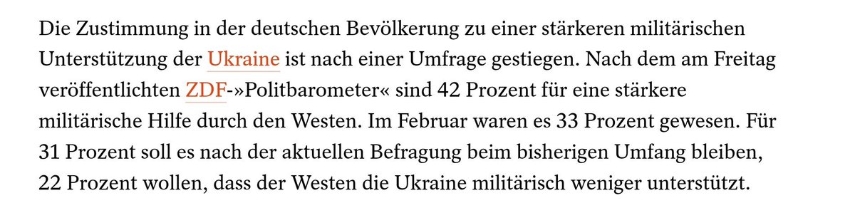 Trotz der künftigen #Wehrpflicht und dem damit absehbar verbundenen Kriegseinsatz steigt hier die Bereitschaft, die #Ukraine stärker militärisch zu unterstützen?😳
Ich kann und will das nicht glauben!
'Zustimmung zu militärischer Unterstützung der Ukraine steigt' (12.4.24)