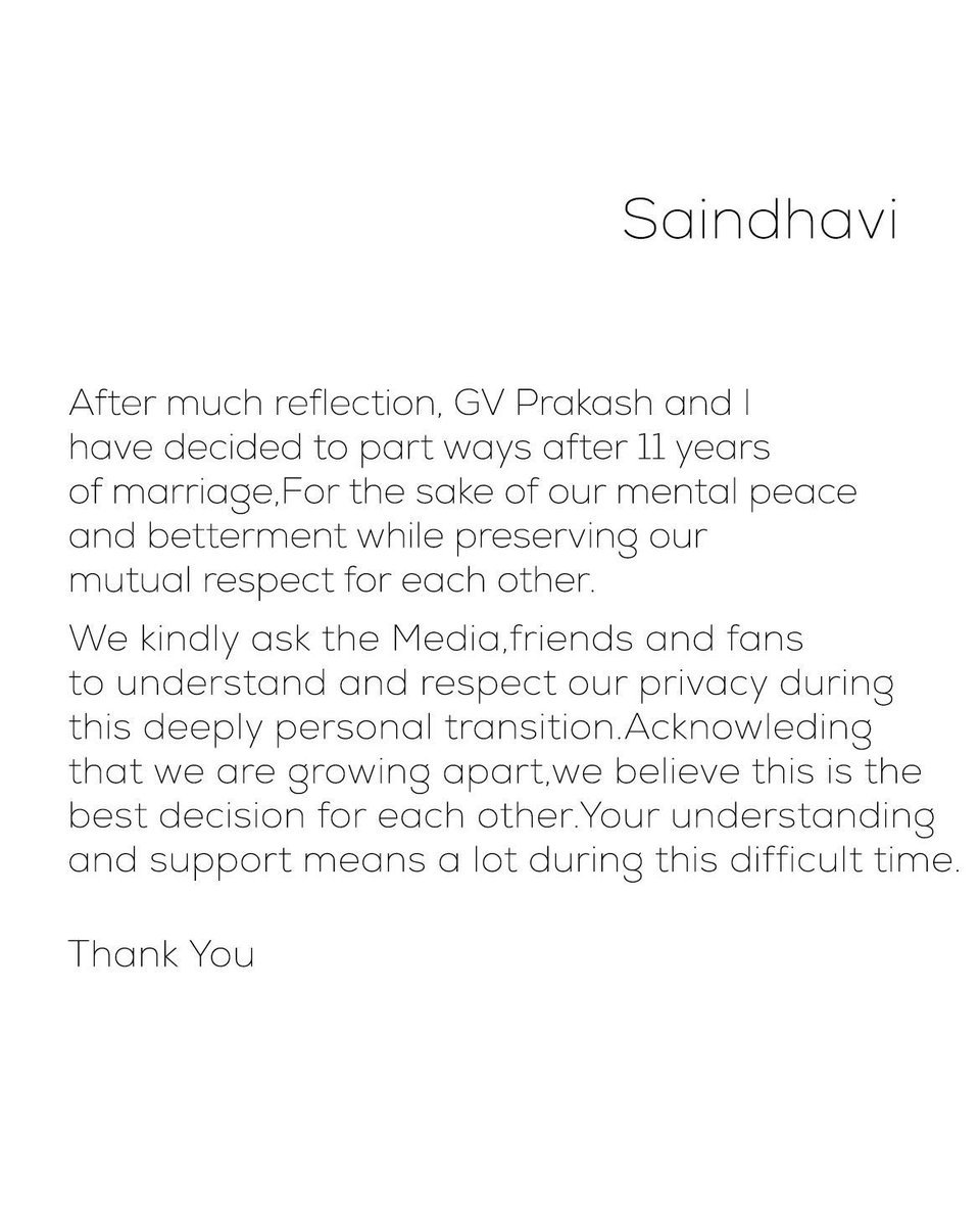 Music Music and composer-actor GV Prakash Kumar and his singer-wife Saindhavi announced their separation after 11 years of marriage. The joint announcement was made on May 13. #GVPrakashKumar #Saindhavi