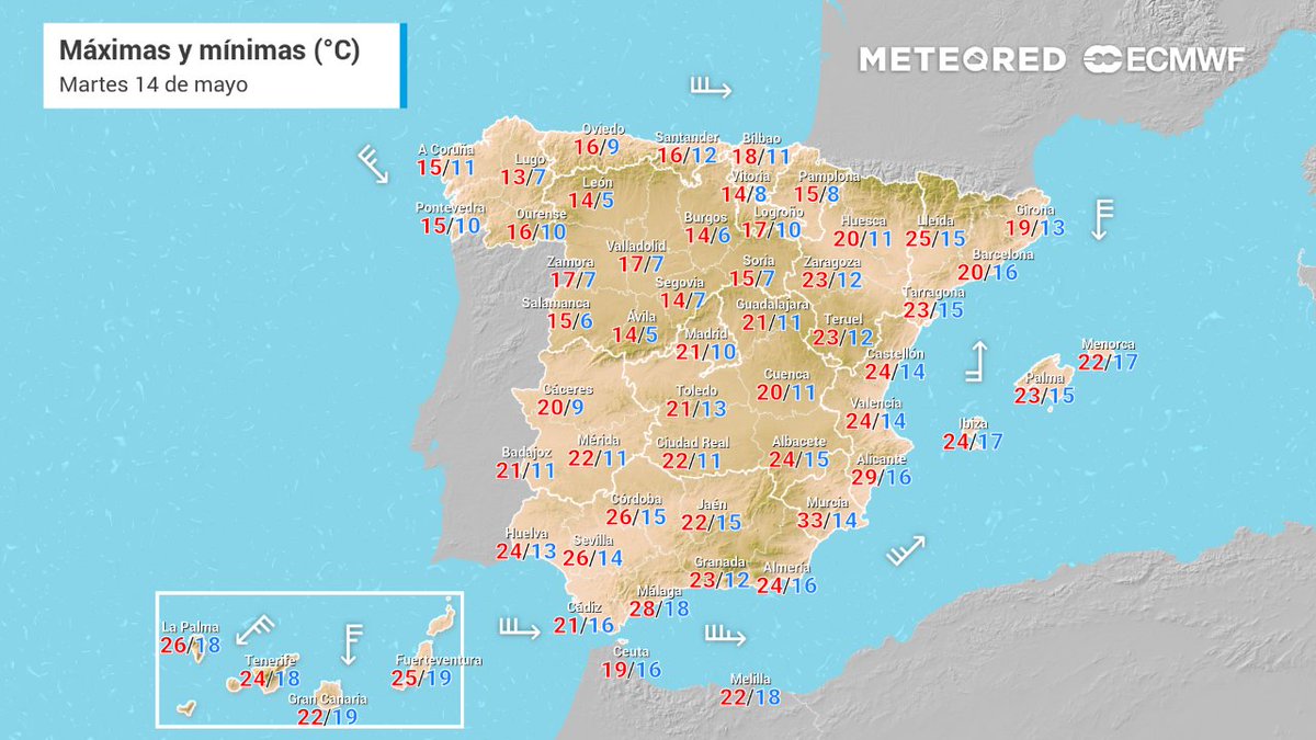 #ElTiempoHoy Un frente cruzará hoy la mitad norte de la península afectando especialmente al nordeste, donde se encienden avisos 🟡💦. 🌡️ Las temperaturas se sitúan por debajo de la media en casi todo el país. 🌐 i.mtr.cool/ktewvcypcu